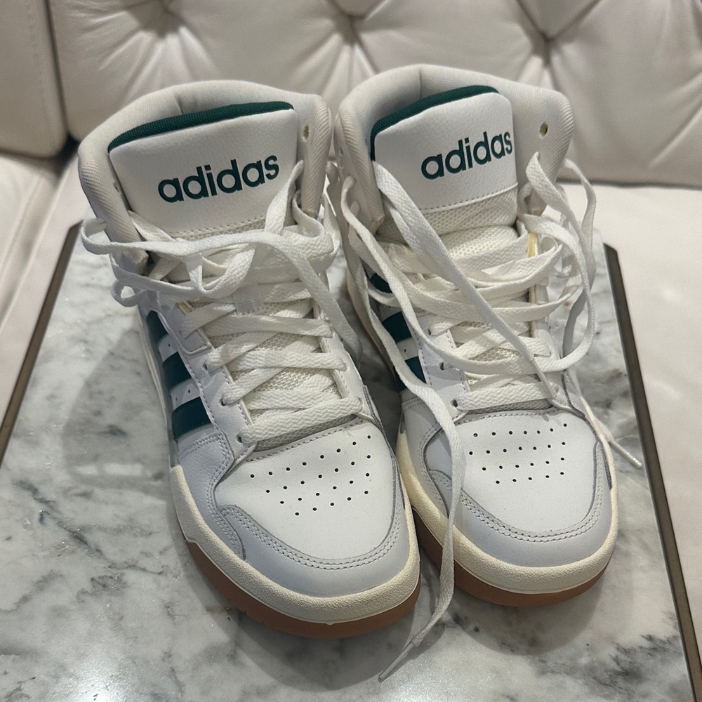 Adidas White and Dark Green High-Top Sneakers